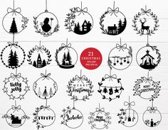 twelve christmas ornaments hanging from strings on a white wooden background with the word merry written in red