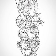 the lion king and his friends are depicted in this black and white tattoo art design