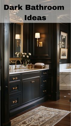 Gold accents add a touch of luxury and warmth to this dark bathroom. The combination of dark hues and gold details creates an opulent and stylish space, perfect for those who appreciate a touch of glamour. High End Guest Bathroom, Dark Bathroom Gold Accents, Foyer Bathroom Ideas Half Baths, Bathroom Remodel Dark Floor, Bathroom With Dark Wood Floors, Brown And Black Bathroom Ideas, Elegant Bathroom Design Luxury Bath, Dark Half Bathroom, Dark Vanity Bathroom Ideas