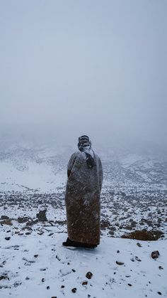 a large stone statue sitting on top of a snow covered field with mountains in the background