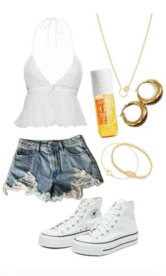 a white top, shorts and converse sneakers