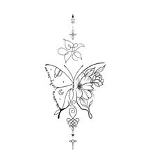 a black and white drawing of a butterfly with flowers on it's back side