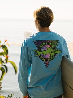 Long sleeve crew neck tee with graphic on front and back 100% Cotton Model is 6' and is wearing size L Maui And Sons, Surf Tshirt, Crew Neck Tee, In Hot, Maui, New Arrivals, Spring Summer, Blue Color, Crew Neck