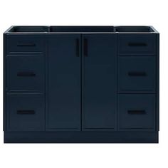 an image of a bathroom vanity with drawers and doors on the front, dark blue