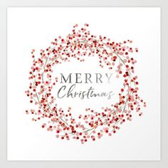 merry christmas wreath with red berries on white background art print