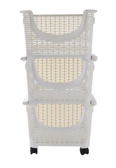 three white plastic baskets stacked on top of each other, one with wheels and the other without