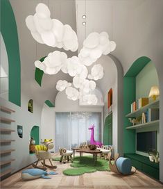 a living room filled with furniture and lots of white clouds hanging from the ceiling above