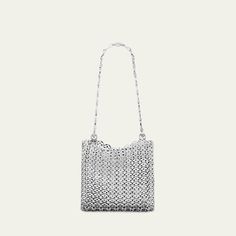 Paco Rabanne "1969" shoulder bag in allover disc-link brass  Sliding shoulder strap  Open top  Unlined  Approx. 5.9"H x 9.1"W x 1.2"D Imported Formal Silver Shoulder Bag With Chain, Silver Chainmail Bag For Everyday Use, Elegant Evening Shoulder Bag With Chainmail, Silver Chainmail Evening Bag, Rectangular Evening Bag With Chainmail, Rectangular Chainmail Evening Bag, Evening Rectangular Chainmail Bag, Paco Rabanne, Open Top