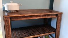 a wooden shelf with some food on it