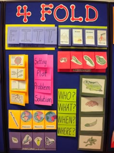 a bulletin board with four different types of cards and pictures on it that say 4 fold