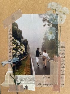 altered photograph of two people walking down a road with flowers on the side and writing underneath