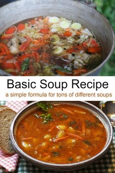 two pictures showing different types of soups in pots and pans with bread on the side