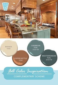 a kitchen with brown cabinets and blue accents, including the words fall color inspiration complementary scheme