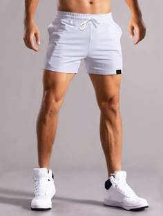 White Casual Collar  Fabric Plain Track Shorts Embellished Non-Stretch  Men Clothing Sports Shorts Mens, Male Shorts Outfits, Men’s Shorts, White Shorts Men, Man In Shorts, Men Shorts Outfit, Men Short Shorts, Mens Short Shorts, Shorts Outfits Men