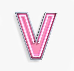 the letter v is made up of neon pink and silver letters, with one light on each side