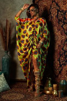 Shop for Eshaa Amiin Yellow Modal Satin Abstract Flower Print Drawstring Kaftan for Women Online at Aza Fashions New Kaftan Designs, Kaftan Sleeves, V Neck Kaftan, Kaftan Design, Kaftan For Women, Abstract Flowers Print, Printed Kaftan, Kaftan Designs, African Maxi Dresses