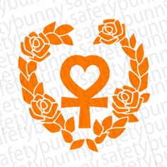 an orange female symbol surrounded by roses and leaves in a circle with the word love on it