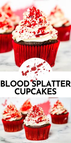 blood splatter cupcakes with white frosting and red sprinkles