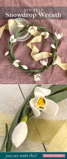 there are two pictures with flowers and ribbons on the table, one is made to look like snowdrops