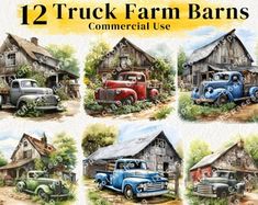 six pictures of old trucks in front of a farm house and barn with the words, 12 truck farm barns commercial use