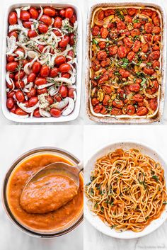 four different types of pasta and sauces in dishes on a table with one being spooned out