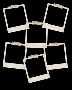 several white polaroid frames are arranged on a black background with clippings in the middle