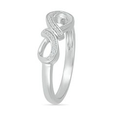 Pledge your forever love when you present this diamond infinity ribbon promise ring, a sleek and sophisticated look she'll wear with everything. Fashioned in sterling silver Diamonds shimmer along bypassing ribbons that top the infinity symbol design. This promise ring shines with 1/20 ct. t.w. of diamonds. Modern Twisted Diamond Ring With Accents For Anniversary, Modern Twist Silver Diamond Promise Ring, Modern Twist Diamond Ring With Accents For Anniversary, Modern Silver Diamond Ring With Accents, Elegant Silver Bypass Promise Ring, Silver Bypass Ring With Diamond Accents For Anniversary, Modern Twist Infinity Diamond Ring For Anniversary, Silver Diamond Ring With A Modern Twist, Modern Twist Silver Diamond Ring As Gift