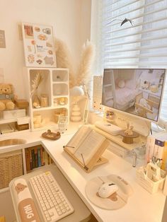 a desk with a computer, books and other items on it