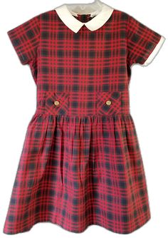 Fitted Plaid School Dress, Fitted Plaid Dress For School, Casual Plaid Dress For School, Classic Short Sleeve Plaid Dress, Red Short Sleeve School Dress, Preppy Plaid Cotton Dress, Preppy Fitted Plaid Cotton Dress, Fitted Cotton Plaid Dress In Preppy Style, Fitted Plaid Cotton Dress In Preppy Style