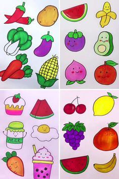 four different pictures of fruits and vegetables on white paper, each with an individual's own drawing