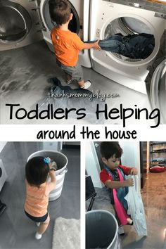 toddlers helping around the house with clothes and washing machines in their washrooms