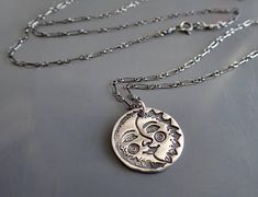 Long Sun Moon Coin Necklace, Silver Medallion Charm Pendant, Disc, Sterling, Boho, Cast, Bohemian, V Long Necklace Silver, Long Boho Necklace, Silver Coin Necklace, Long Necklace Boho, Kailua Kona, Long Silver Necklace, Tiny Earrings, Sterling Silver Chain Necklace, Silver Jewelry Fashion