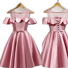 Pink A-line Dress For Formal Occasions, A-line Satin Gown For Homecoming, Knee-length Satin Dress For Wedding And Prom Season, Formal Pink A-line Dress, Pink A-line Satin Evening Dress, Pink A-line Party Bridesmaid Dress, Elegant A-line Homecoming Gown, Pink A-line Bridesmaid Dress For Evening, Elegant Bridesmaid Dress For Homecoming