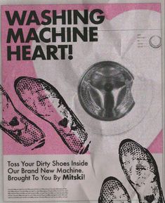 an advertisement for washing machine heart with slippers on the bottom and one shoe inside