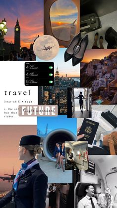 a collage of travel photos with an airplane in the background