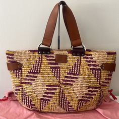 New With Tags And Dust Bag Two Leather Top Handles Internal Slot Pocket Height: 12.5" Width: 21.5" Depth: 4 Inches Raffia Tote Bag, Woven Handbags, Woven Raffia, Basket Bag, Together We Can, Diamond Pattern, Leather Top, Leather Handle, Womens Tote Bags