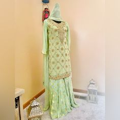 This Outfit Is Best Party Wear With Medium Size .Full Embroidered Shirt With Full Gair Plazo Fabric Chiffon And Sam Fabric Dupata With Diamond Work .Dress Color Light Green (Pistasu). Best Party, Work Dress, Embroidered Shirt, Color Light, Medium Size, Party Wear, Light Green, Light Colors, Colorful Dresses