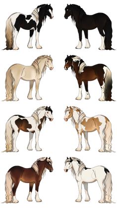 several horses are shown in different colors and sizes