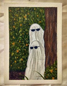 a painting of a ghost standing in front of a tree with sunglasses on its face