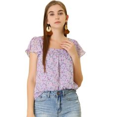 This floral top is sure to inject a floral flourish into your wardrobe. Made of a lightweight chiffon fabric for a soft fit, this top boasts a floral print throughout and a flattering and vintage-inspired square neckline. Wear it with jeans or a skirt for a chic style that will take you from day to evening. With summer floral and greenery details, this breezy flowy blouse features fluttery sleeves. Optimal for day or night, this floral-printed blouse features vintage details like a square neck a Flowy Feminine Chiffon Tops, Feminine Flowy Chiffon Tops, Chic Chiffon Top With Floral Print, Fitted Floral Print Chiffon Tops, Casual Chiffon Tops With Floral Print, Casual Chiffon Blouse With Floral Print, Casual Floral Print Chiffon Tops, Summer Floral Print Chiffon Tops, Floral Print Chiffon Tops With Short Sleeves