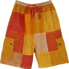 Set up for some summer hippie-style fun with these sunny-colored woven cotton shorts! With an elastic drawstring waist, pockets and box pockets in the front, the shorts are very hippie-comfy and in an easy pull-up style. The patchwork monochromatic patterns feature shades of orange and yellow. #tlb #vacationclothing #beachwrap #Solid #bohemianfashion #Pocket #BohemianShorts Beach Cargo Shorts For Summer, Spring Beach Shorts With Cargo Pockets, Summer Beach Bottoms With Cargo Pockets, Casual Festival Shorts, Bohemian Drawstring Shorts For Beach Season, Casual Shorts For Beach Season Festivals, Cotton Shorts With Pockets For Beach Season, Cotton Beach Shorts With Pockets, Cotton Summer Cargo Shorts