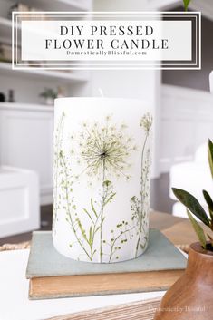 a white candle sitting on top of a wooden table next to a potted plant