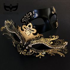 This Gold and Black theme couple's Masquerade Mask pairing complements any formal attire you choose for your masquerade Ball event.  I N C L U D E D Available for purchase as a couple's set (one womens mask and one mens mask).   Masks come with matching double sided satin ribbons attached. Thank you for supporting small businesses and hope our products bring you and loved ones some joy and humor in these trying times.    S I Z E  Adult size Masks. Detailed dimensions available upon request. C U Matching Masquerade Masks, Black Formal Eye Mask Masquerade, Black Tie Masquerade, Black Formal Eye Mask, Formal Black Eye Mask, Elegant Black Formal Mask, Elegant Black Masks For Carnival, Elegant Black Mask For Costume Party, Black Masquerade Mask For Mardi Gras