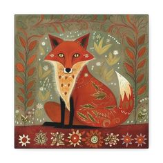 a painting of a red fox sitting on top of a flower covered ground with leaves and flowers