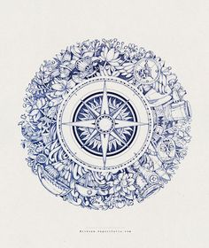 a blue and white drawing of a compass surrounded by flowers