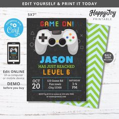 this is an image of a video game birthday party card with a controller on it