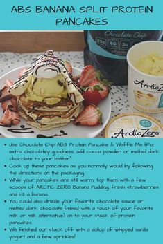 the recipe for abs banana split protein pancakes on a plate with strawberries and ice cream