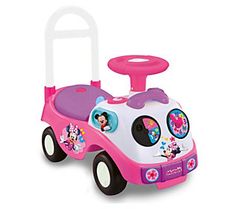 a pink and white toy car with minnie mouse on it