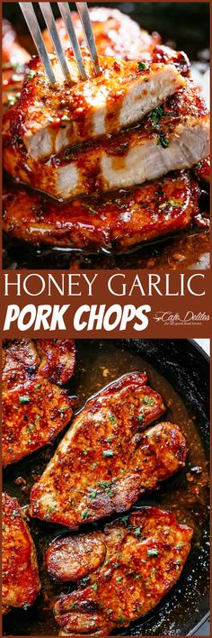 honey garlic pork chops in a skillet with the words honey garlic pork chops on