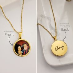 Custom color picture necklace pendant, Photo Necklace gift for her, children photo necklace, memorial sentimental gift, Christmas gift for mom This necklace can be customized with your loved ones photo, such as children photos, pet photos, grandparents. We also can engrave any text, logo, design, including handwriting on the back of the pendant. Material: 18K Gold plated over stainless steel, matte finish. Glass over the color photo. 18K Gold plated over stainless steel is high quality material,